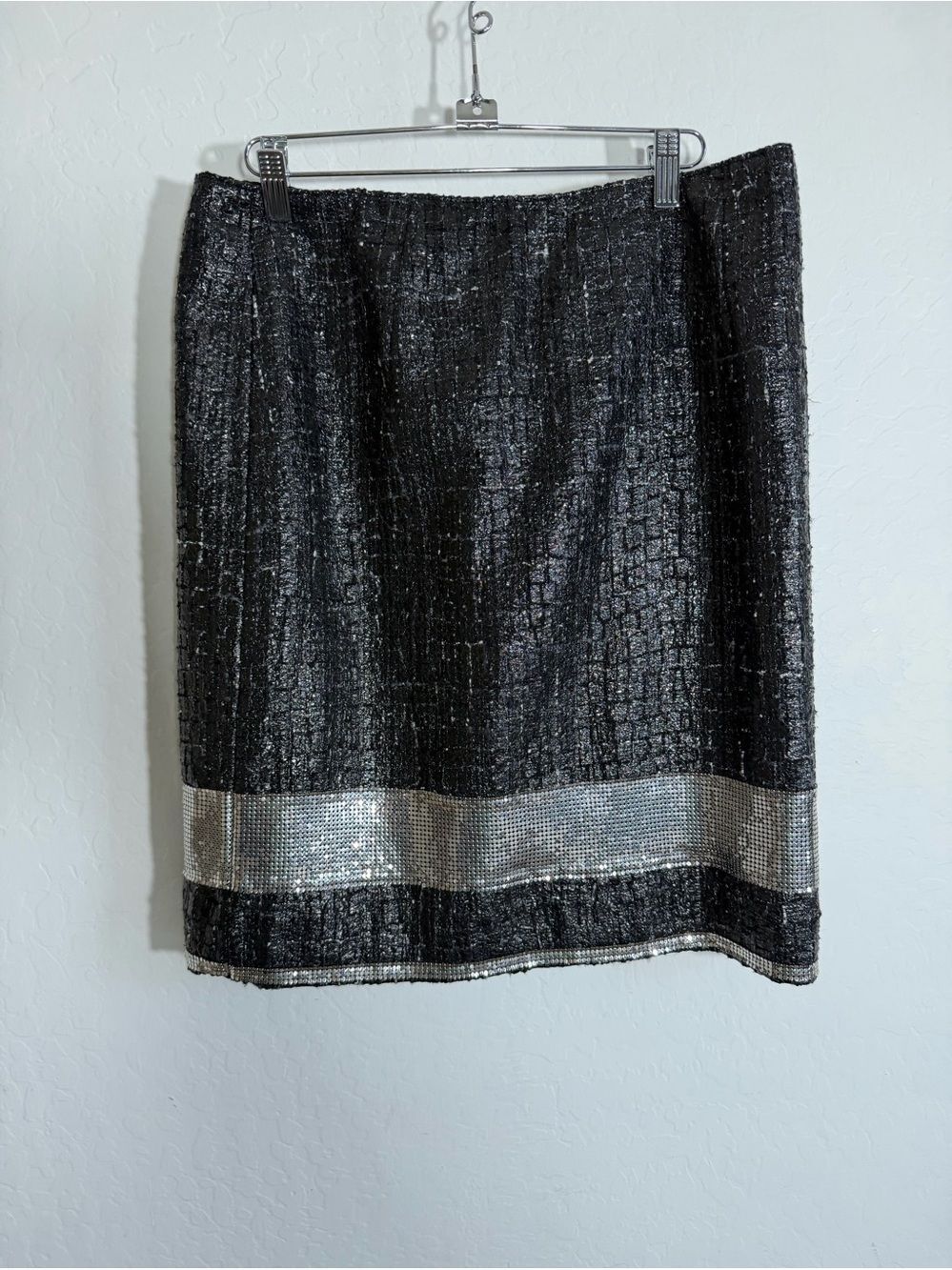 Per Se Metallic Tweed Pencil Skirt with Mesh Sequin Hem | Size 8